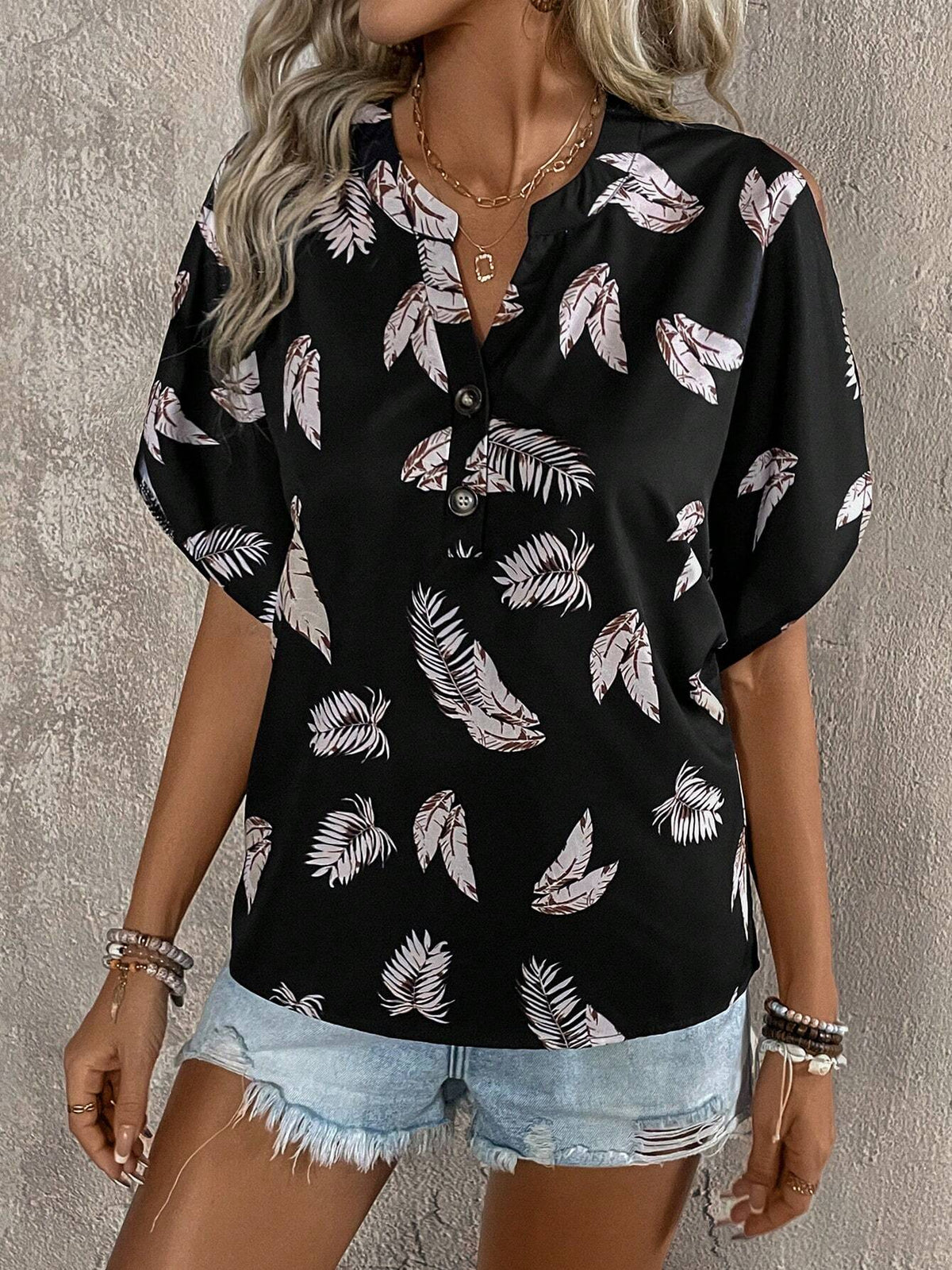 LUNE Women Summer Holiday Loose Short Sleeve Shirt With Tropical Plant Print And Notch V-Neck