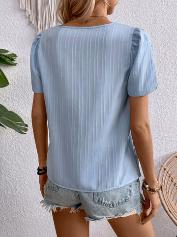 LUNE Women Summer Notch V-Neck Short Puff Sleeve Loose Elegant Shirt