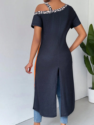 LUNE Women Summer Ombre Leopard Print Asymmetric Collar Short Sleeve Loose Casual T-Shirt