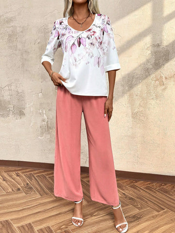 Women Summer Plant Printed Loose Fit Round Neck Top And Pants Holiday Two Piece Set