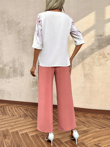 Women Summer Plant Printed Loose Fit Round Neck Top And Pants Holiday Two Piece Set