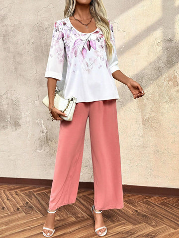 Women Summer Plant Printed Loose Fit Round Neck Top And Pants Holiday Two Piece Set