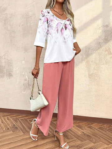Women Summer Plant Printed Loose Fit Round Neck Top And Pants Holiday Two Piece Set