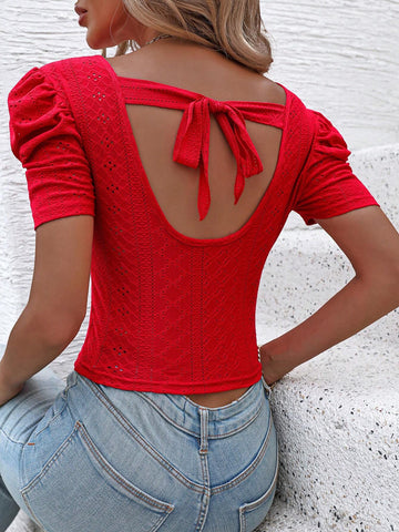 LUNE Women Summer Solid Color Round Neck Short Bubble Sleeve Casual T-Shirt