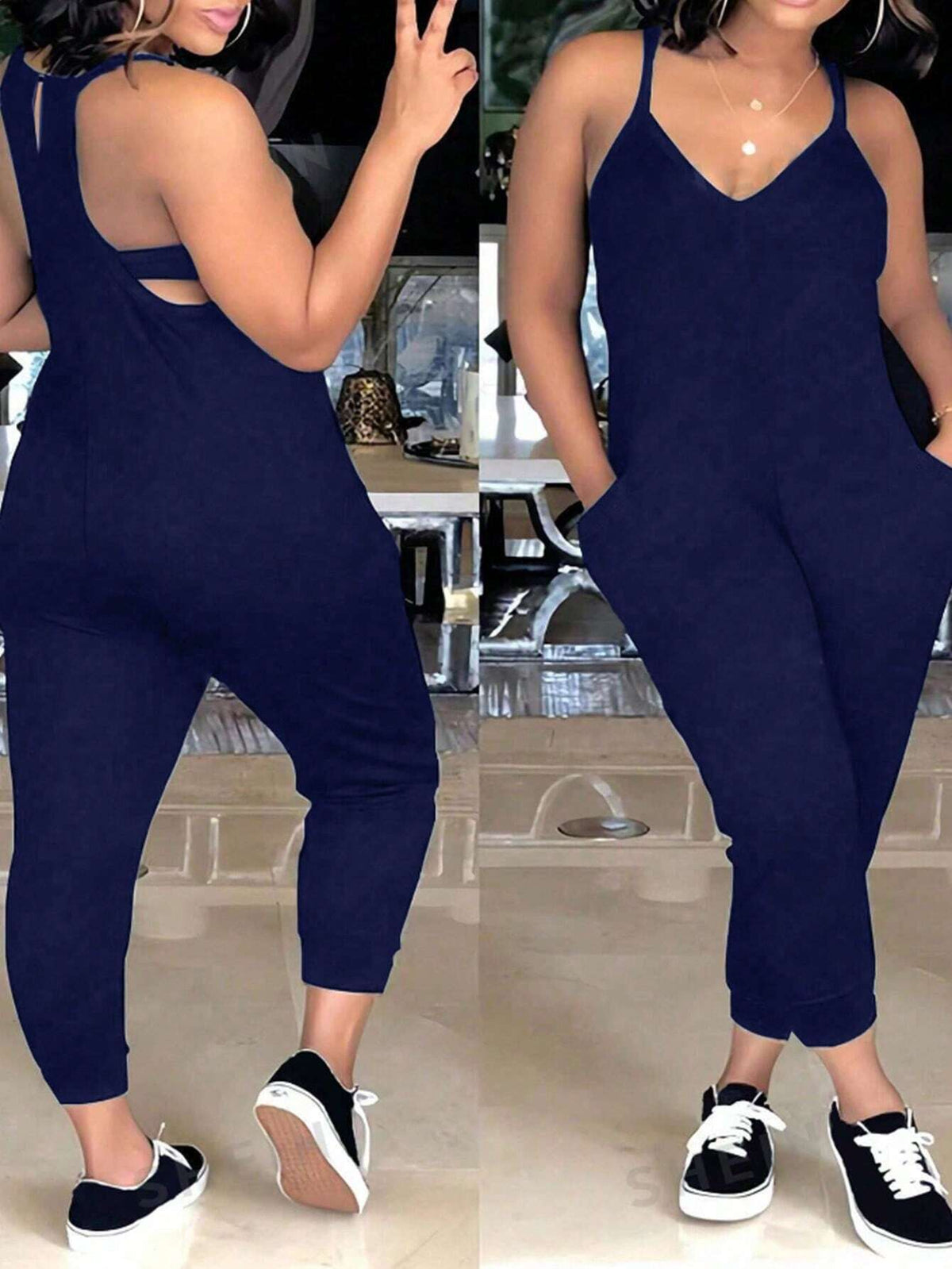 Women Summer Solid Color Side Pocket Casual Strap Jumpsuit