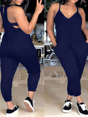 Women Summer Solid Color Side Pocket Casual Strap Jumpsuit