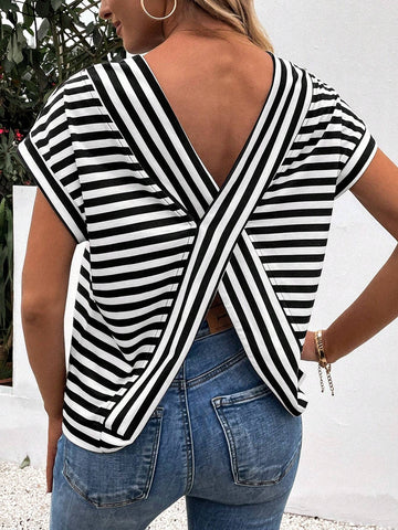 LUNE Women Summer Striped Print Back Crossed Batwing Sleeve Loose Casual T-Shirt