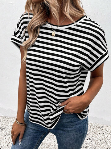 LUNE Women Summer Striped Print Back Crossed Batwing Sleeve Loose Casual T-Shirt