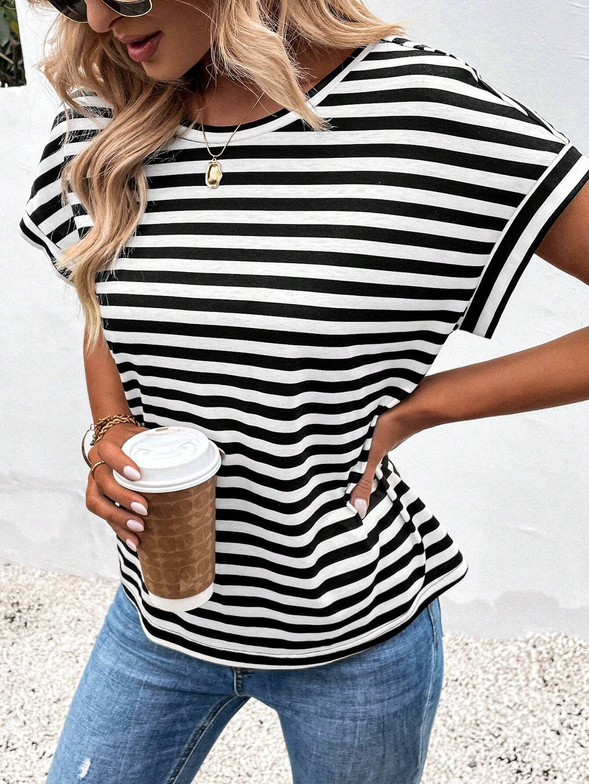 LUNE Women Summer Striped Print Back Crossed Batwing Sleeve Loose Casual T-Shirt