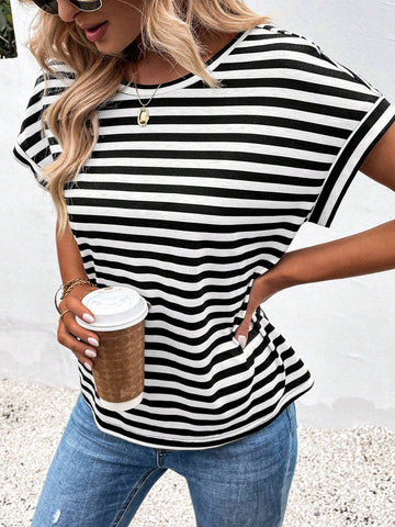 LUNE Women Summer Striped Print Back Crossed Batwing Sleeve Loose Casual T-Shirt