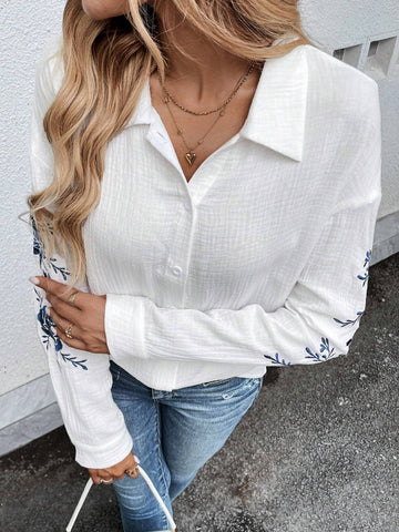 LUNE Women Textured Long Sleeve Embroidered Floral Button Up Casual Shirt