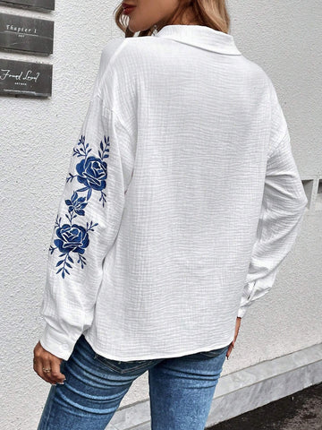 LUNE Women Textured Long Sleeve Embroidered Floral Button Up Casual Shirt