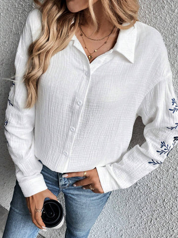 LUNE Women Textured Long Sleeve Embroidered Floral Button Up Casual Shirt