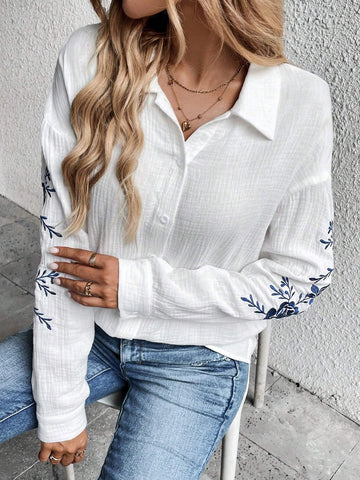 LUNE Women Textured Long Sleeve Embroidered Floral Button Up Casual Shirt