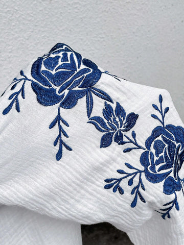 LUNE Women Textured Long Sleeve Embroidered Floral Button Up Casual Shirt