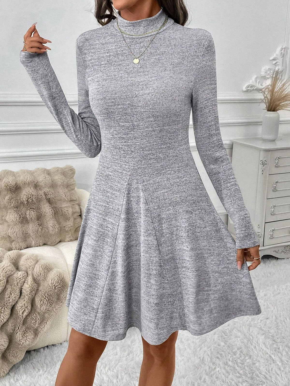 Women Tight Fit A-Line Mini Dress, Grey, Long Sleeve, Autumn