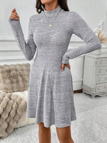Women Tight Fit A-Line Mini Dress, Grey, Long Sleeve, Autumn