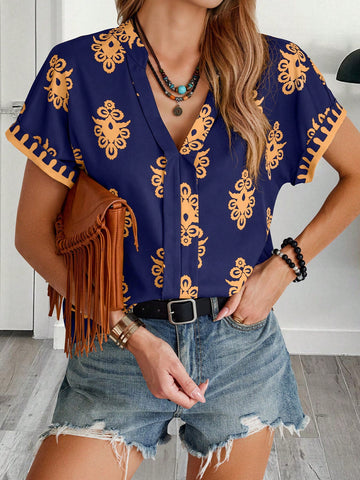 LUNE Women V-Neck Allover Print Short Sleeve Casual Blouse