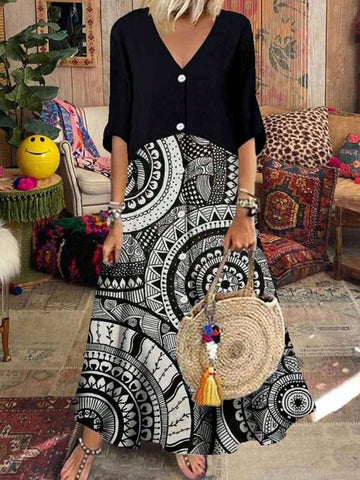 Women V-Neck Colorblock Shirt Dress