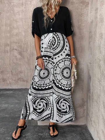 Women V-Neck Colorblock Shirt Dress
