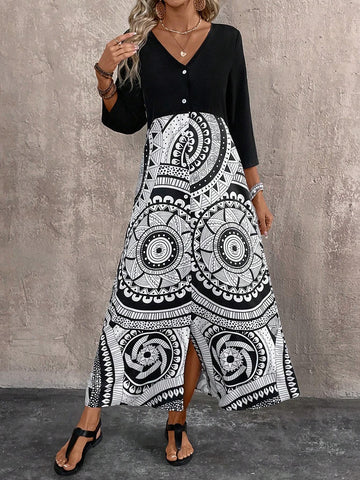 Women V-Neck Colorblock Shirt Dress