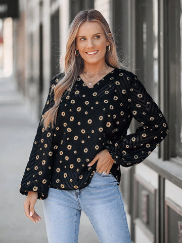 LUNE Women V-Neck Golden Embroidery Long Sleeve Casual Blouse,Western Wear Women