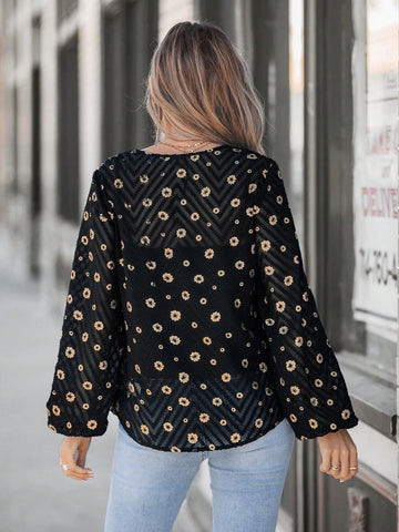 LUNE Women V-Neck Golden Embroidery Long Sleeve Casual Blouse,Western Wear Women