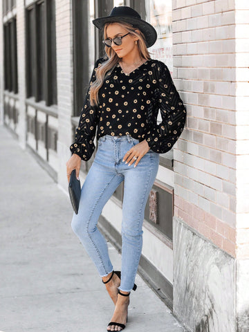 LUNE Women V-Neck Golden Embroidery Long Sleeve Casual Blouse,Western Wear Women
