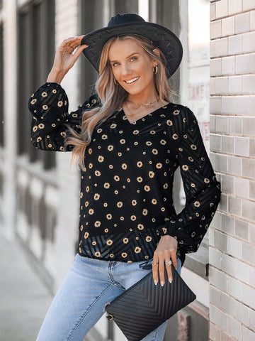 LUNE Women V-Neck Golden Embroidery Long Sleeve Casual Blouse,Western Wear Women