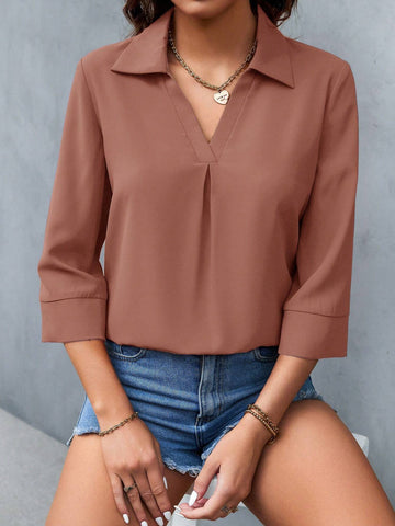 LUNE Women V-Neck Long Sleeve Casual Solid Color Elegant Blouse