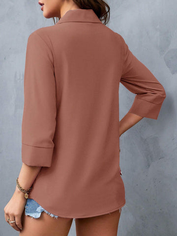 LUNE Women V-Neck Long Sleeve Casual Solid Color Elegant Blouse