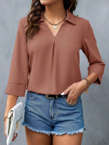 LUNE Women V-Neck Long Sleeve Casual Solid Color Elegant Blouse