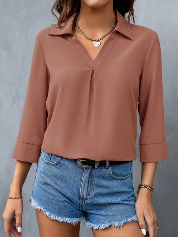 LUNE Women V-Neck Long Sleeve Casual Solid Color Elegant Blouse
