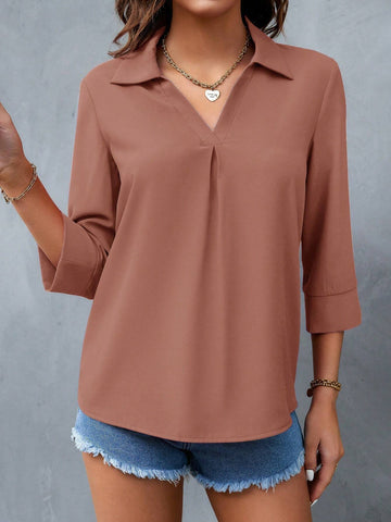 LUNE Women V-Neck Long Sleeve Casual Solid Color Elegant Blouse