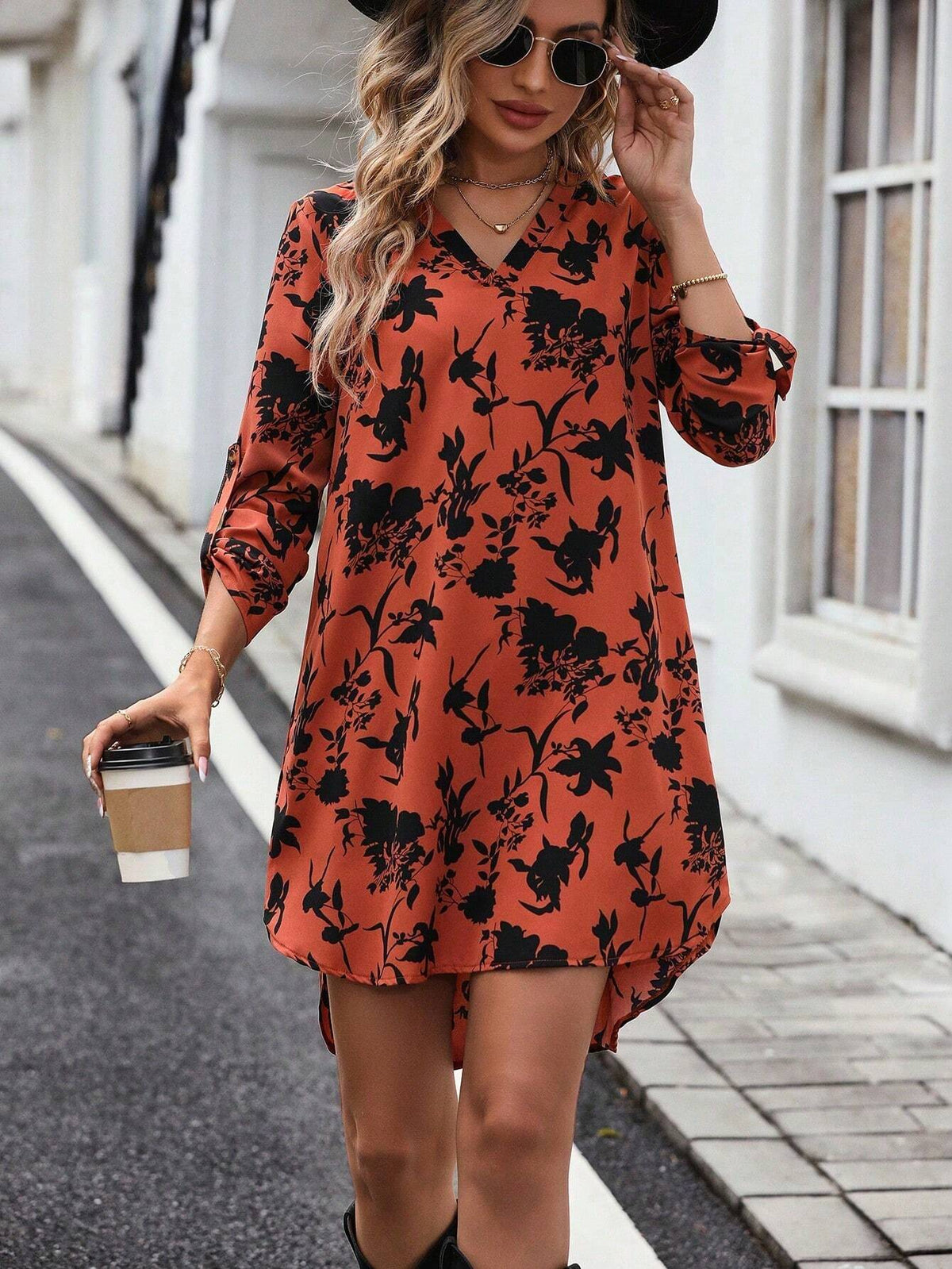 Women V-Neck Long Sleeve Floral All Over Print Minimalist Short Casual Dress