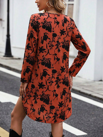 Women V-Neck Long Sleeve Floral All Over Print Minimalist Short Casual Dress