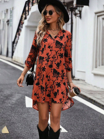 Women V-Neck Long Sleeve Floral All Over Print Minimalist Short Casual Dress