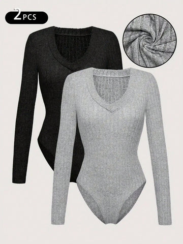 Women V-Neck Long Sleeve Solid Color Slim Fit Casual Bodysuit