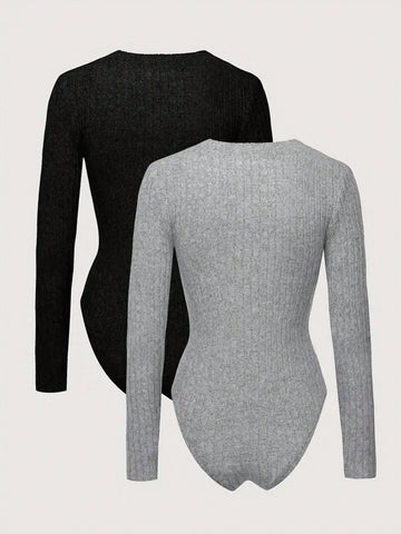 Women V-Neck Long Sleeve Solid Color Slim Fit Casual Bodysuit