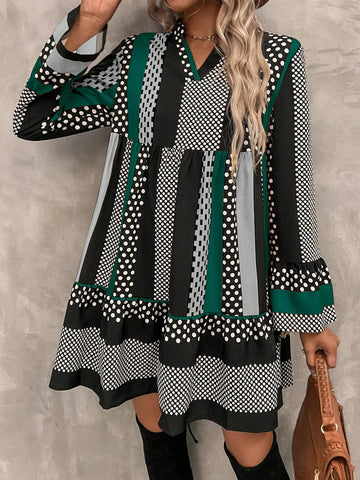 Women V-Neck Long Sleeve Striped Casual Short Dress