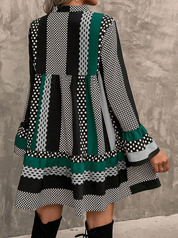 Women V-Neck Long Sleeve Striped Casual Short Dress