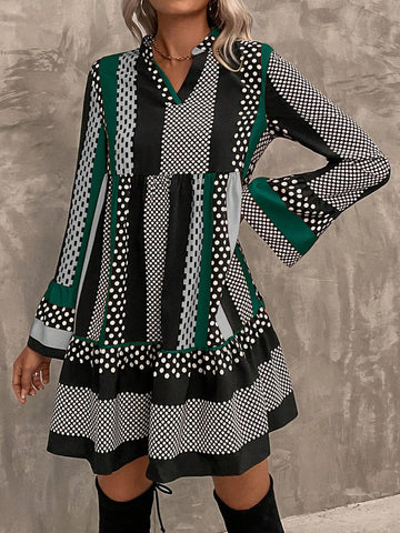 Women V-Neck Long Sleeve Striped Casual Short Dress