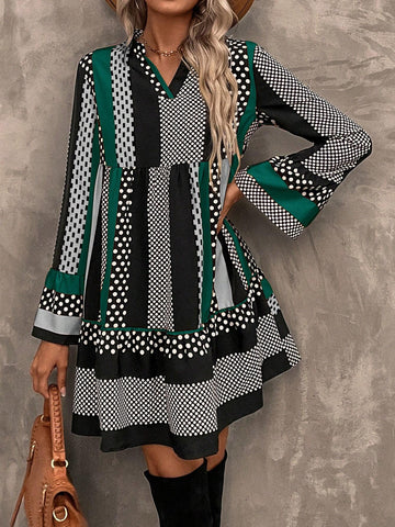 Women V-Neck Long Sleeve Striped Casual Short Dress