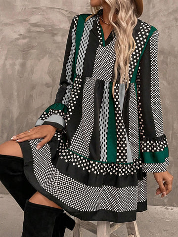 Women V-Neck Long Sleeve Striped Casual Short Dress