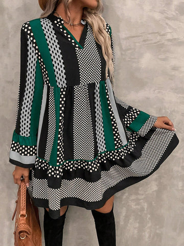 Women V-Neck Long Sleeve Striped Casual Short Dress