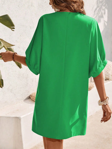 Women V-Neck Solid Color Casual Beach Vacation Spring Summer Maxi Dress SKU: sz2404101232166443