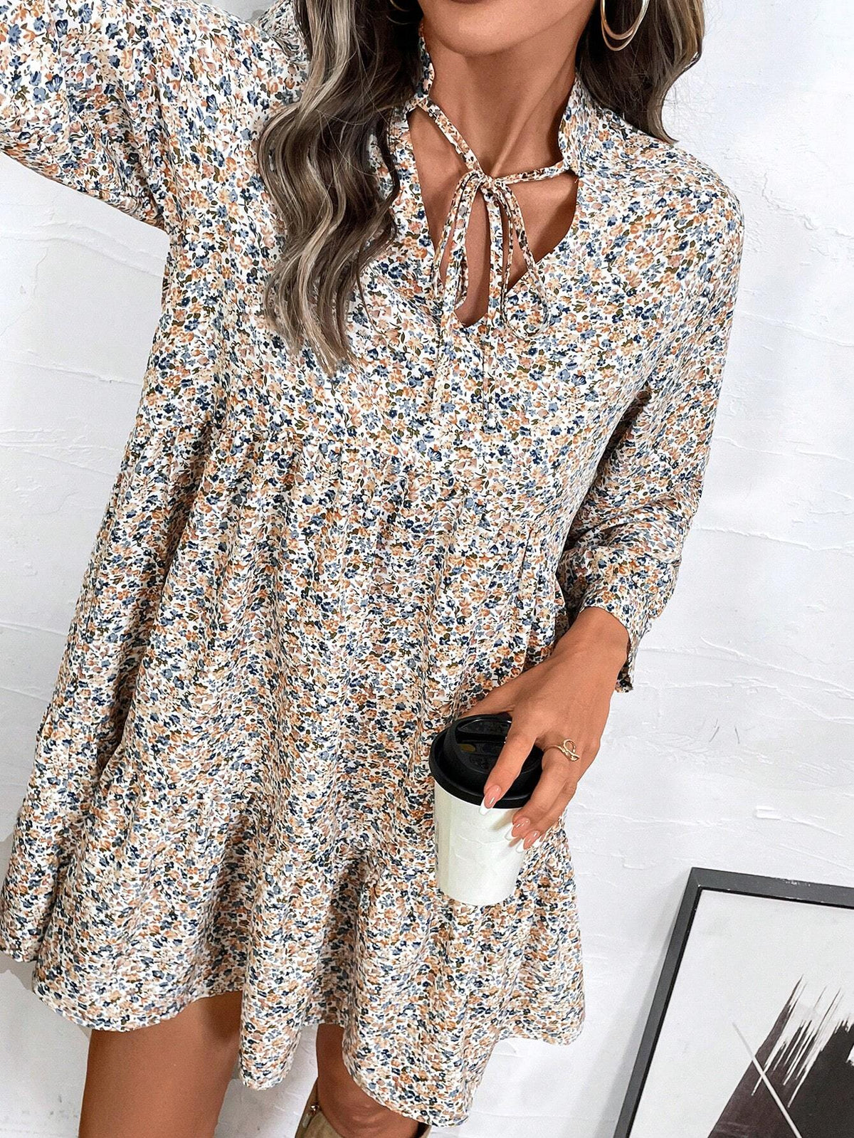 Women V-Neck Tie Neck Layered Ruffle Hem A-Line Dress, All-Over Print, Suitable For