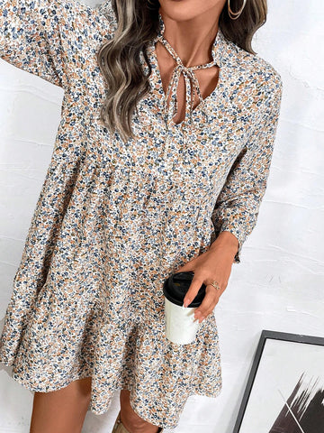 Women V-Neck Tie Neck Layered Ruffle Hem A-Line Dress, All-Over Print, Suitable For