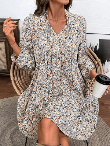 Women V-Neck Tie Neck Layered Ruffle Hem A-Line Dress, All-Over Print, Suitable For