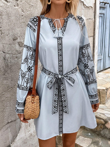 Women V-Neck Tie Waist Printed Shirt Dress With Split Hem For Spring/Summer